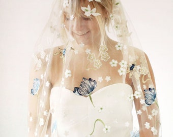 Blue bell blossom veil, Embroidered veil, Bridal veil, Unique wedding veil