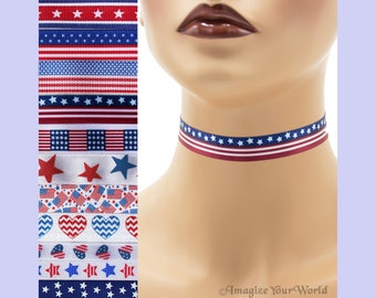 Custom PATRIOTIC Choker 5/8 inch Independence Day Necklace USA Red White Blue 4th of July American Flag America (15 mm 16 mm 17 mm 18 mm)