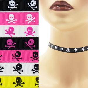 Custom Skull and Crossbones Choker 3/8 inch wide necklace 9 10 mm width Halloween skulls black white pink yellow punk Your Size v. 1 image 1