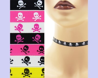 Custom Skull and Crossbones Choker 3/8 inch wide necklace (9 - 10 mm width) Halloween skulls black white pink yellow punk Your Size + (v. 1)