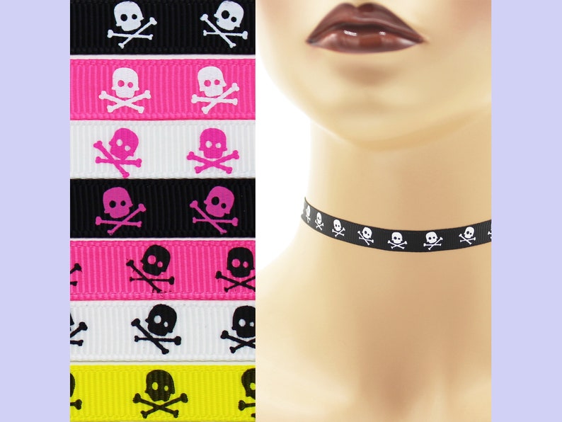 Custom Skull and Crossbones Choker 3/8 inch wide necklace 9 10 mm width Halloween skulls black white pink yellow punk Your Size v. 1 image 1