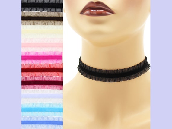Elastic Velvet Choker with Sheer Frill Double Ruffle 3/4 inch wide Custom made Your Length Color shade (19 mm total width) stretch stretchy
