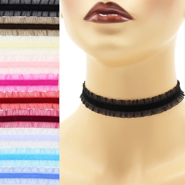 Elastic Velvet Choker with Sheer Frill Double Ruffle 3/4 inch wide Custom made Your Length Color shade (19 mm total width) stretch stretchy