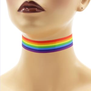 Könnte beinhalten: Ein choker-Halsband in Regenbogenfarben. Das Halsband hat horizontale Streifen in den Farben des Regenbogens: Rot, Orange, Gelb, Grün, Blau und Lila. Das Halsband wird um den Hals getragen.