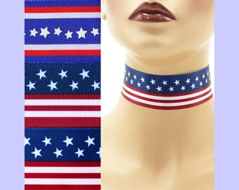 Custom PATRIOTIC Choker 1.5 inch wide Independence Day Necklace USA Red White Blue Stars 4th of July American Flag America 38mm - 39mm