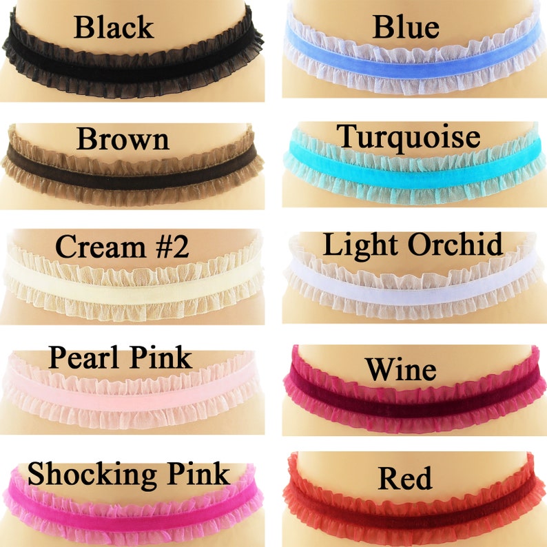 May include: Ten different colors of ruffled trim with a velvet ribbon in the center. The colors are black, blue, brown, turquoise, cream, light orchid, pearl pink, wine, shocking pink, and red.