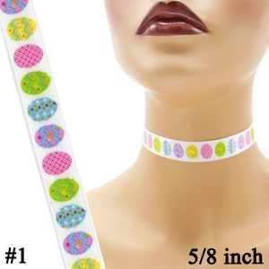Custom Easter Choker 5/8 inch wide necklace decorated eggs printed on satin 16 17 mm width Your Size pink purple white 1: Eggs on White
