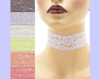 Stretch Lace Choker 1.5" wide +/-  Brown Orange Yellow shades w/ Clasp and Chain Custom made Your Length and Color exact width varies