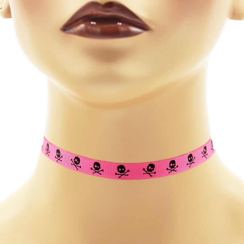 Custom Skull and Crossbones Choker 3/8 inch wide necklace 9 10 mm width Halloween skulls black white pink yellow punk Your Size v. 1 Black on Pink