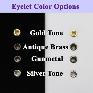 May include: Four different eyelet colors: gold tone, antique brass, gunmetal, and silver tone. Each color is shown with a sample eyelet.