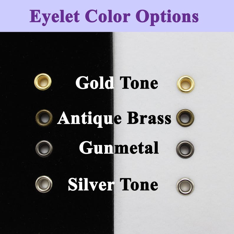 May include: Four different eyelet colors: gold tone, antique brass, gunmetal, and silver tone. Each color is shown with a sample eyelet.