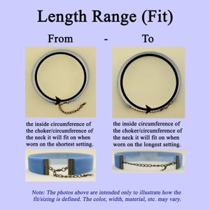 May include: Diagram showing the length range of a choker necklace. The choker is light blue with a gold chain. The image shows the choker at its shortest and longest settings.