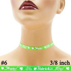 Custom St. Patrick's Day Choker 3/8 inch wide Shamrocks Luck of the Irish Green Clover Lucky Happy Saint Paddy's 10 mm width Your Size 6: Happy St Pat. Day