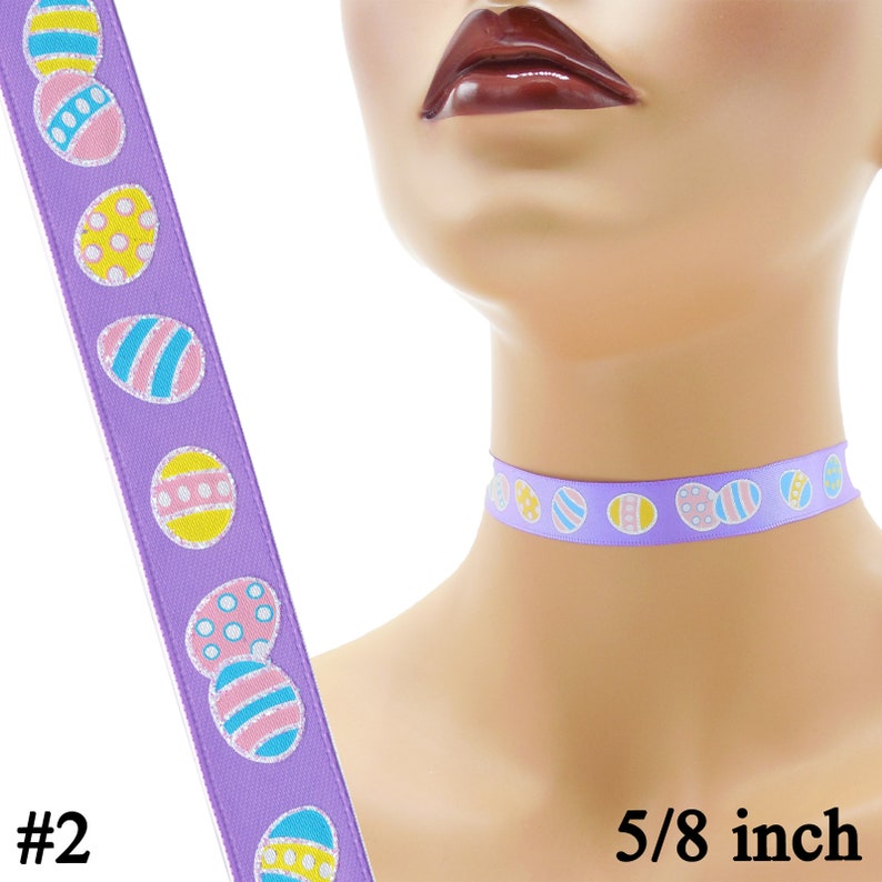 Custom Easter Choker 5/8 inch wide necklace decorated eggs printed on satin 16 17 mm width Your Size pink purple white 2: Eggs on Purple