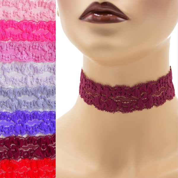 Stretch Lace Choker 1 - 1.25 inches wide Red Pink or Purple Custom made Your Length and Color shade (approximate width 25 - 30 mm) elastic