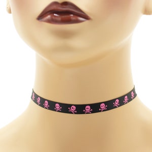 Custom Skull and Crossbones Choker 3/8 inch wide necklace 9 10 mm width Halloween skulls black white pink yellow punk Your Size v. 1 Pink on Black