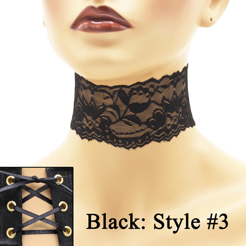 Black Stretch Lace Choker with lace-up satin tie closure Custom made in your fit Extra Wide exact width varies 2 - 2.5 inches 2.25" 2.4" + Black [Style #3]