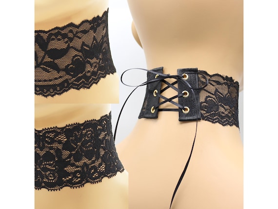 Black Stretch Lace Choker with lace-up satin tie closure Custom made in your fit Extra Wide exact width varies 2 - 2.5 inches 2.25" 2.4" +