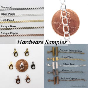 May include: Hardware samples for jewelry making, including chains in gunmetal, silver-plated, gold-plated, antique brass, and antique copper.  Also shown are lobster clasps in various finishes and jump rings in antique brass, gold tone, silver tone, gunmetal, and antique copper.