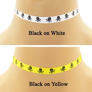 Custom Skull and Crossbones Choker 3/8 inch wide necklace 9 10 mm width Halloween skulls black white pink yellow punk Your Size v. 1 image 10