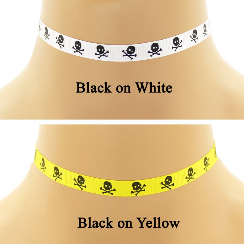 Custom Skull and Crossbones Choker 3/8 inch wide necklace 9 10 mm width Halloween skulls black white pink yellow punk Your Size v. 1 image 10