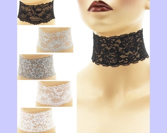 Extra Wide Stretch Lace Choker 2" - 2.5" Black White Gray shades w/ Clasp and Chain Custom made Your Length and Color width varies 2.25" +/-