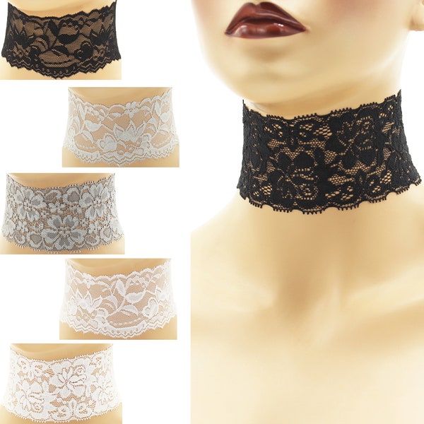 Extra Wide Stretch Lace Choker 2" - 2.5" Black White Gray shades w/ Clasp and Chain Custom made Your Length and Color width varies 2.25" +/-