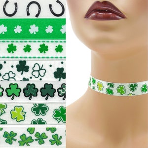 Custom St. Patrick's Day Choker 5/8 inch wide Shamrocks Luck of the Irish Green Clover Lucky Horseshoes Paddy 16 17 mm width Your Size image 1