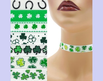 Custom St. Patrick's Day Choker 5/8 inch wide Shamrocks Luck of the Irish  Green Clover Lucky Horseshoes Paddy ( 16 - 17 mm width) Your Size