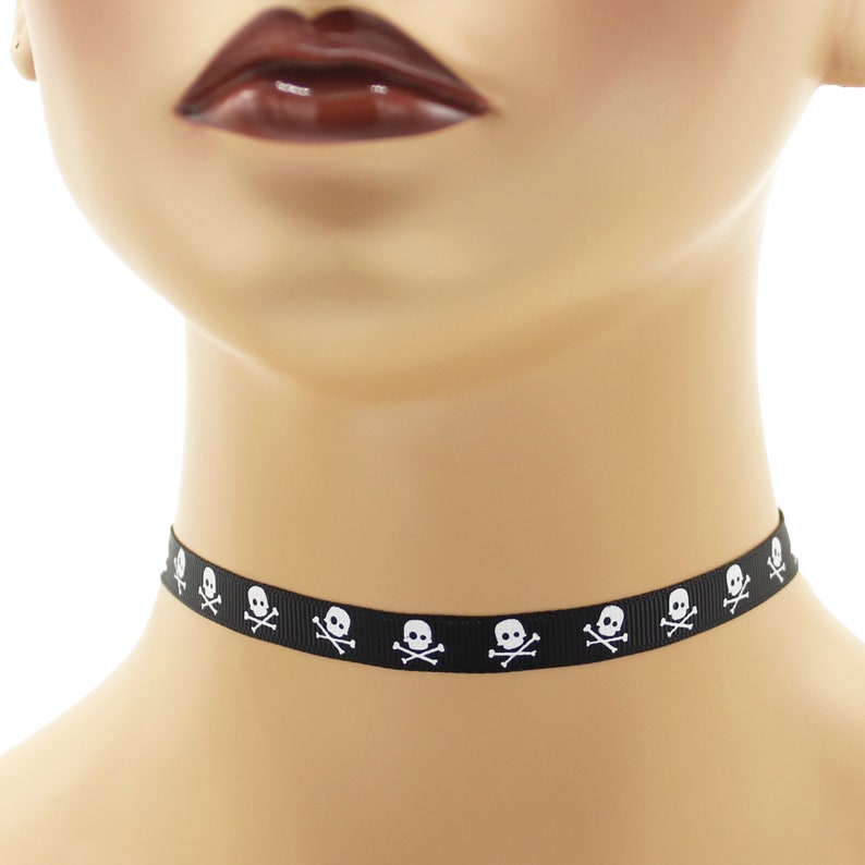 Custom Skull and Crossbones Choker 3/8 inch wide necklace 9 10 mm width Halloween skulls black white pink yellow punk Your Size v. 1 White on Black