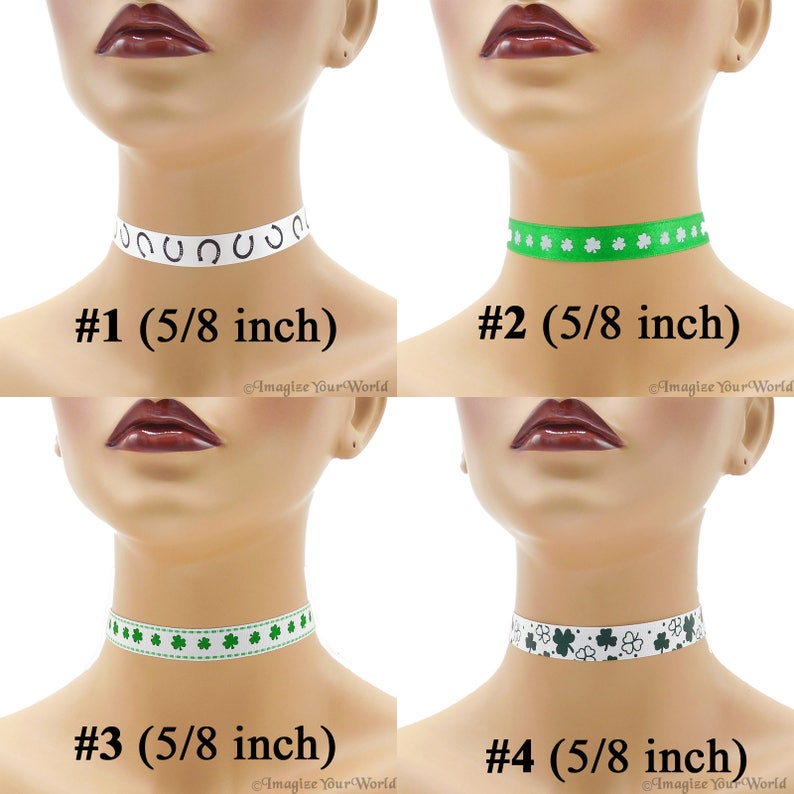 Custom St. Patrick's Day Choker 5/8 inch wide Shamrocks Luck of the Irish Green Clover Lucky Horseshoes Paddy 16 17 mm width Your Size image 3