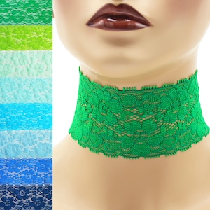 Extra Wide Stretch Lace Choker 2&quot; - 2.5&quot; Blue Green Teal Custom made Your Length and Color (apprx. width 50 - 65 mm) width varies 2.25&quot; +/-