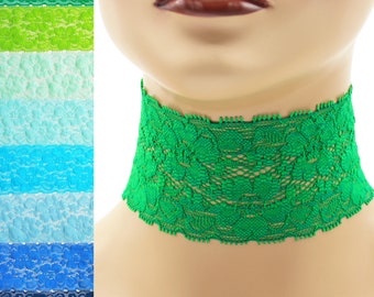 Extra Wide Stretch Lace Choker 2" - 2.5" Blue Green Teal Custom made Your Length and Color (apprx. width 50 - 65 mm) width varies 2.25" +/-