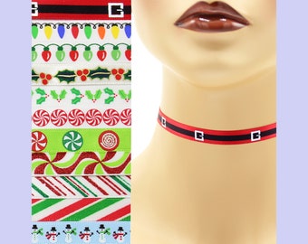 Custom Christmas Choker 3/8 inch wide necklace (9 - 10 mm width) winter holiday red green white santa claus snowmen candy stripes swirls  +