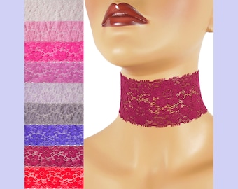 Gargantilla de encaje elástico extra ancha de 2" a 2,5" en rojo, rosa y morado. Hecha a medida. Su largo y color (ancho aproximado de 50 a 65 mm). El ancho varía 2,25" +/-
