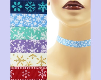 Custom Snowflakes Choker 5/8 inch wide necklace (16 mm - 17 mm width) winter white gold glitter blue red purple teal ivory satin grosgrain