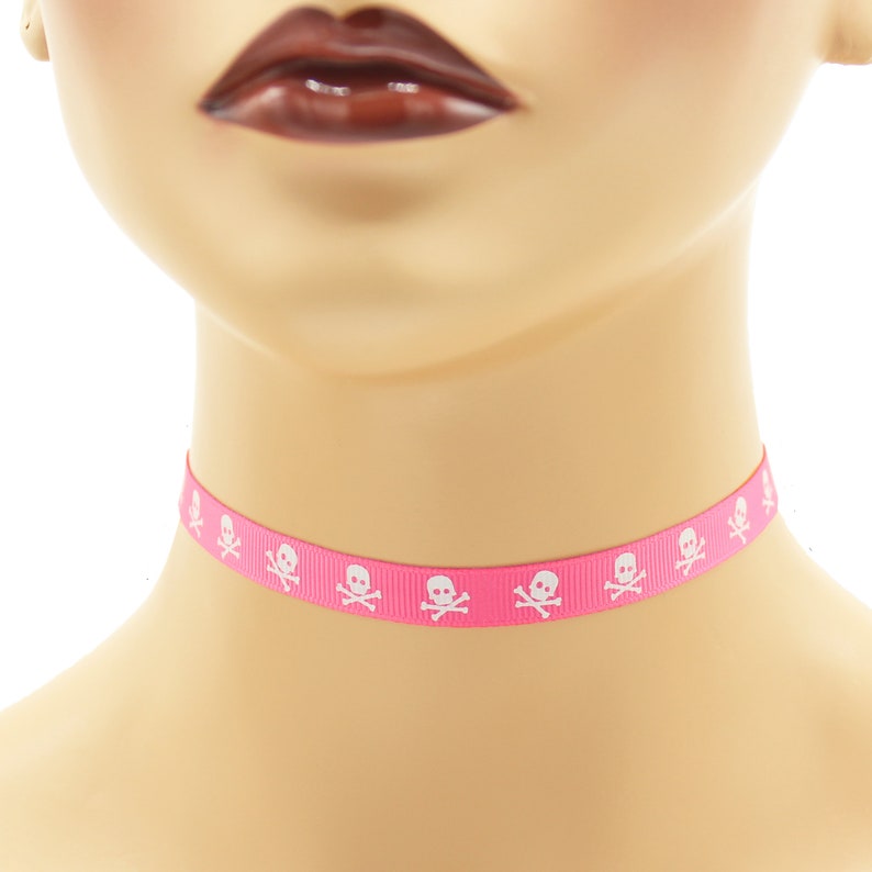 Custom Skull and Crossbones Choker 3/8 inch wide necklace 9 10 mm width Halloween skulls black white pink yellow punk Your Size v. 1 White on Pink