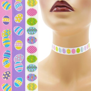 Custom Easter Choker 5/8 inch wide necklace decorated eggs printed on satin 16 17 mm width Your Size pink purple white image 1