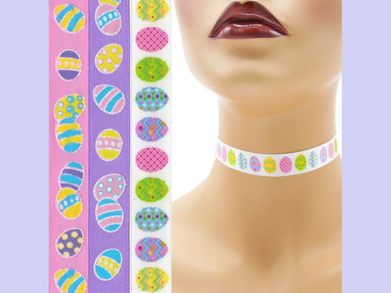 Custom Easter Choker 5/8 inch wide necklace decorated eggs printed on satin 16 17 mm width Your Size pink purple white image 1