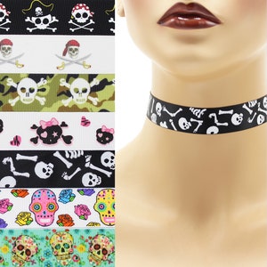 Custom Skulls Choker 7/8 inch wide necklace (22 - 23 mm width) Halloween sugar skull crossbones bones pirates sabers sabres swords punk goth