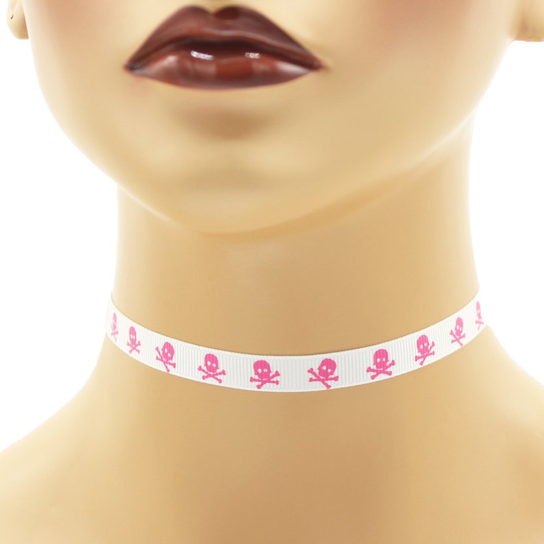 Custom Skull and Crossbones Choker 3/8 inch wide necklace 9 10 mm width Halloween skulls black white pink yellow punk Your Size v. 1 Pink on White