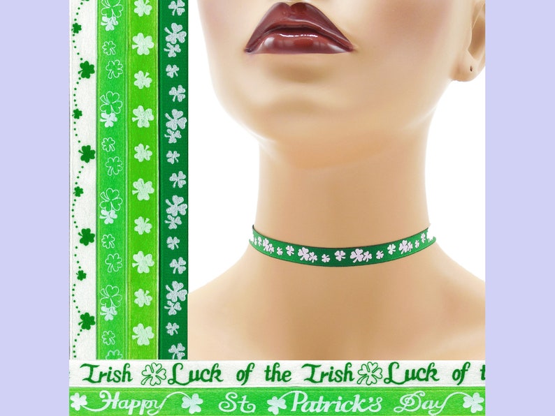 Custom St. Patrick's Day Choker 3/8 inch wide Shamrocks Luck of the Irish Green Clover Lucky Happy Saint Paddy's 10 mm width Your Size image 1