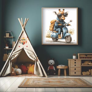 Retro trio, Kids wall art, Digital wall prints, Elephant on skateboard, Zebra on bicycle, Giraffe on scooter