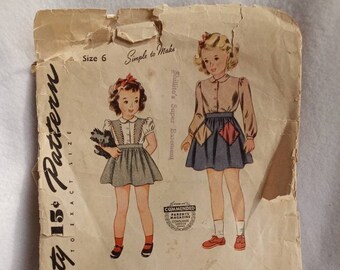 Vintage 1940s Girls Dress and Blouse Pattern Simplicity 4484