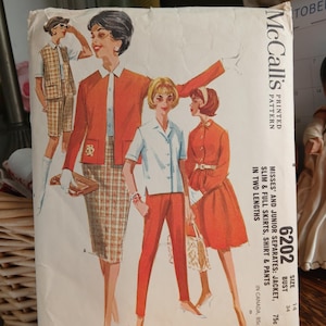 May include: A vintage McCall's 6202 sewing pattern envelope featuring illustrations of various outfits including a jacket, slim skirt, full skirt, shirt, and pants. The text reads McCall's Printed Pattern, 6202, Size 14, Bust 34, 75c.
