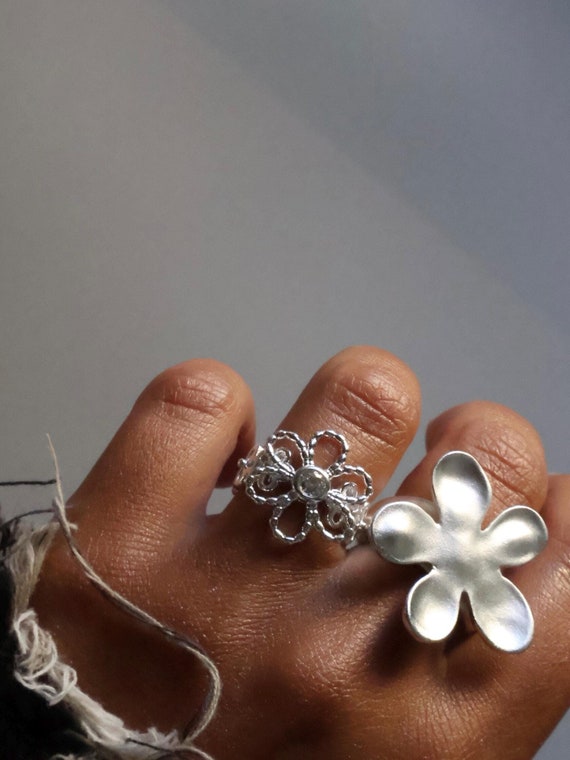 Grosse Bague Fleur Femme Bague Fleur Argentée Mate, Grande Bague
