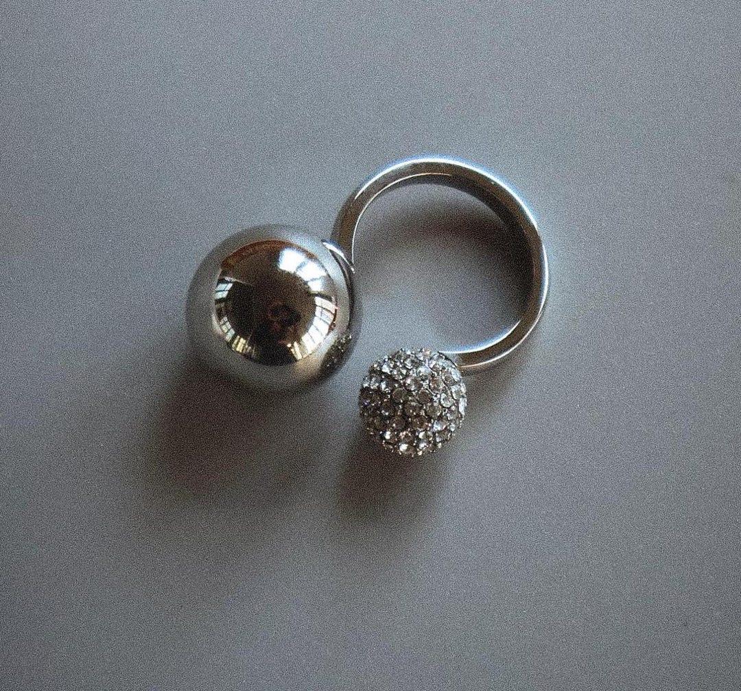 Silver Ring Ball Crystal Double Sphere Two Tone Ball Ring Geometric ...