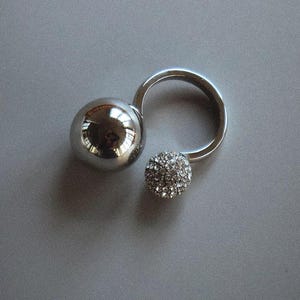 Silver Ring Ball Crystal Double Sphere Two Tone Ball Ring Geometric Statement Jewelry Glitter Diamond Ball Ring Unique Silver Ring for Women