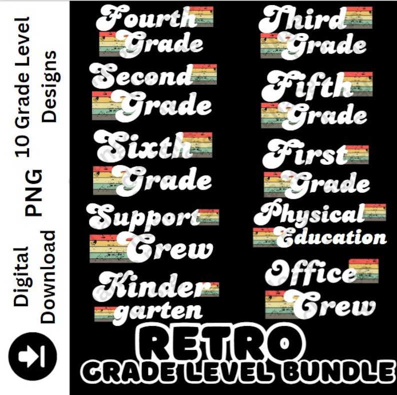 Puede incluir: Un conjunto de 10 dise&ntilde;os de nivel de grado de estilo retro en un esquema de colores arco&iacute;ris. Los dise&ntilde;os incluyen: Cuarto grado, Tercer grado, Segundo grado, Quinto grado, Sexto grado, Primer grado, Equipo de apoyo, Educaci&oacute;n f&iacute;sica, Jard&iacute;n de infantes y Equipo de oficina. Los dise&ntilde;os son perfectos para maestros, estudiantes y escuelas.