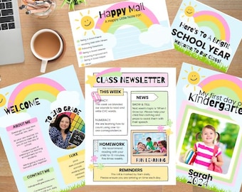 May include: A colorful welcome to school printable pack with a rainbow, sun, and clouds. The pack includes a welcome sign, a class newsletter, and a first day of school sign. The text on the signs reads "Welcome to 2nd Grade", "Class Newsletter", and "My First Day of Kindergarten".